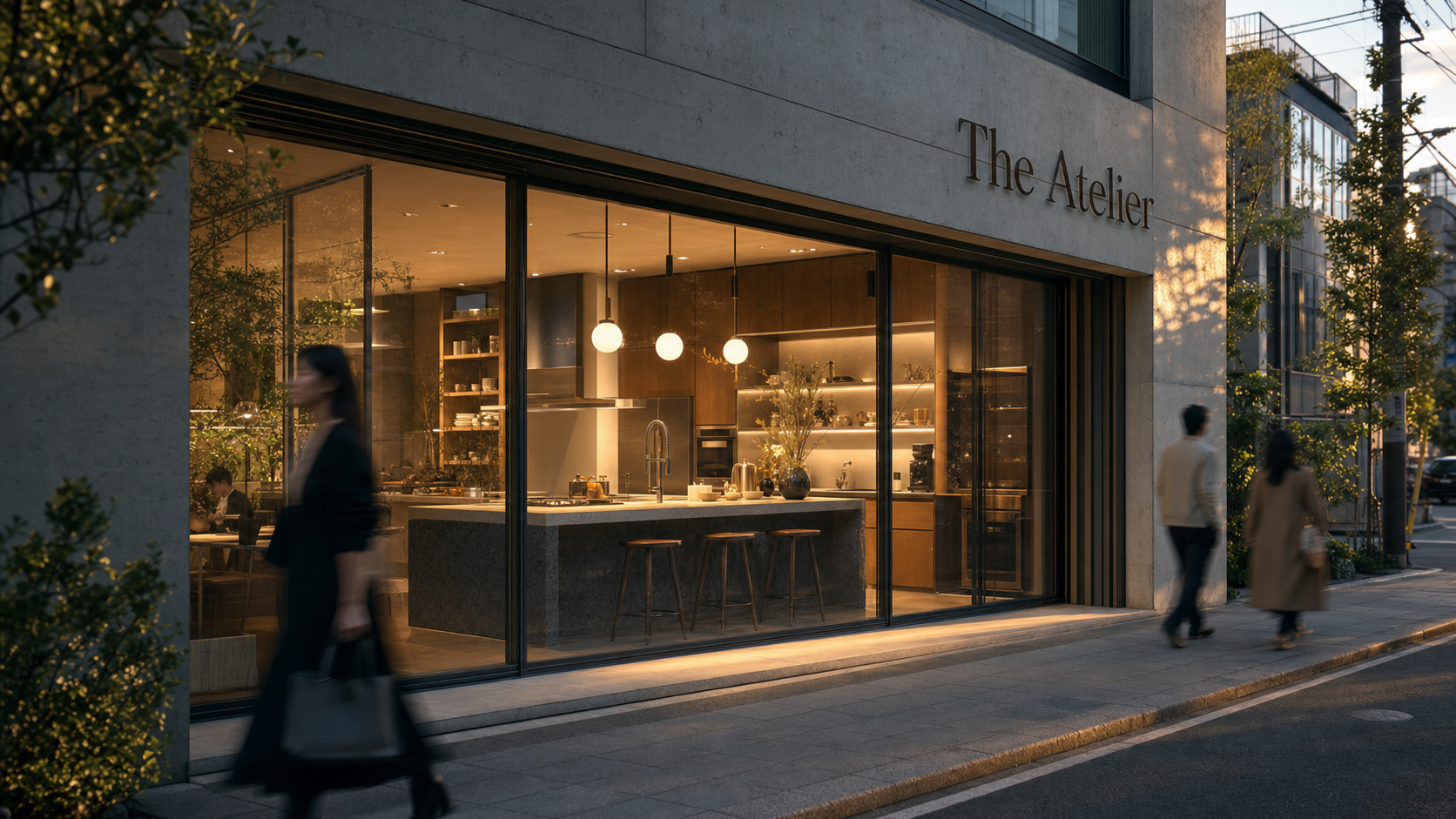夕暮れの街路から見える、The Atelier 路面ショールーム外観